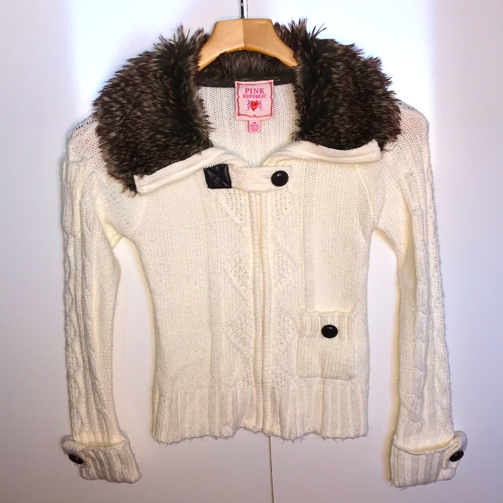 PINK REPUBLIC Cream Zip-Up Sweater with Faux Fur Collar GIRL'S SIZE MED (10-12)